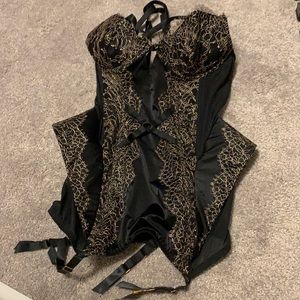 Victoria Black Corset Gold Strappy Peplum Garter Slip